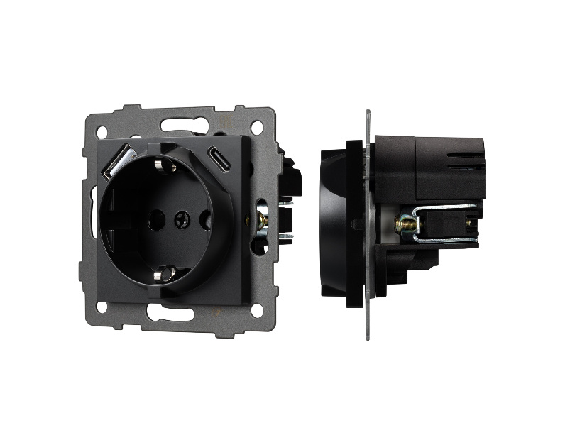 Механизм розетки с USB зарядкой SCT-MUAC-PL-BK-V (250V, 16A) (Arlight, -)