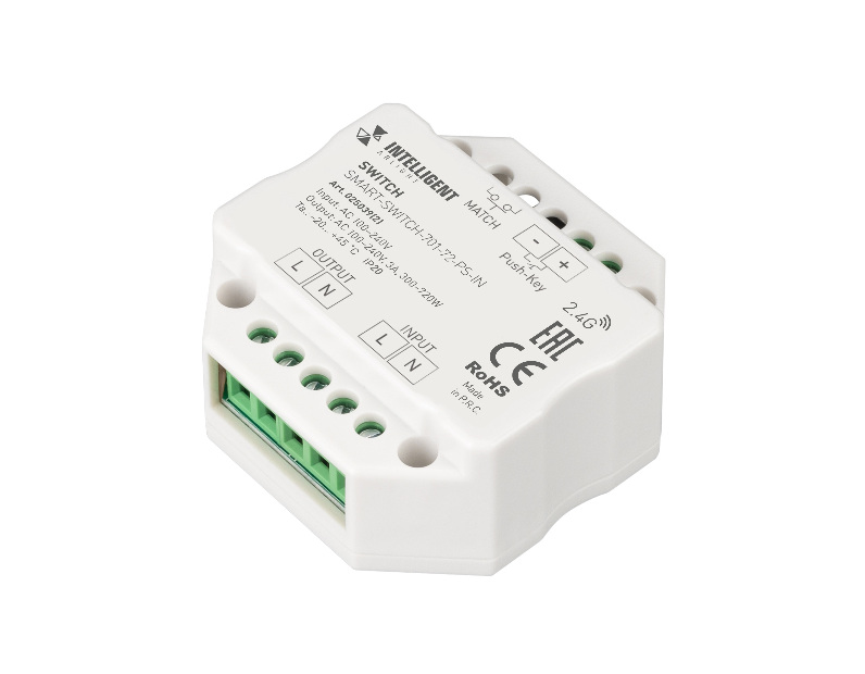 INTELLIGENT ARLIGHT Релейный модуль SMART-SWITCH-701-72-PS-IN  (230V, 1x3A, 2.4G) (IARL, IP20 Пластик, 5 лет)