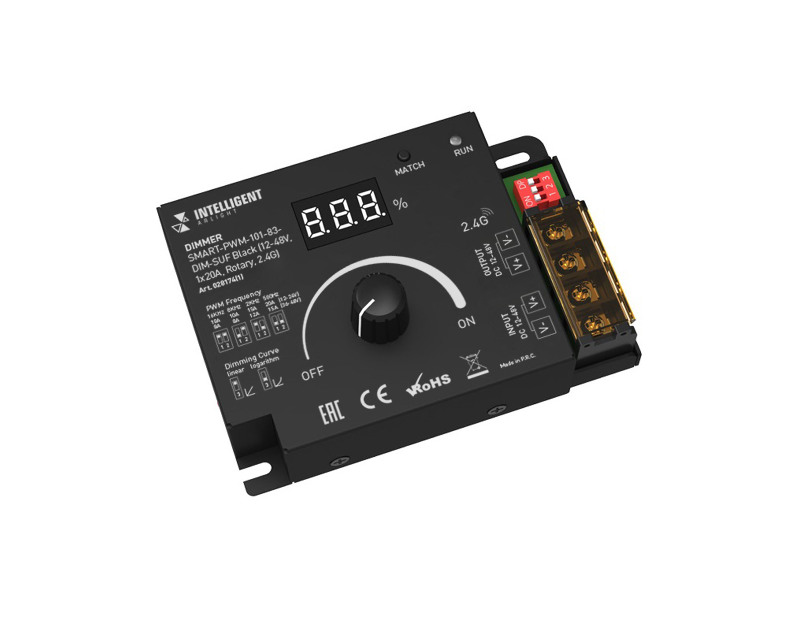 INTELLIGENT ARLIGHT Диммер SMART-PWM-101-83-DIM-SUF Black (12-48V, 1x20A, Rotary, 2.4G) (IARL, IP20 Металл, 5 лет)