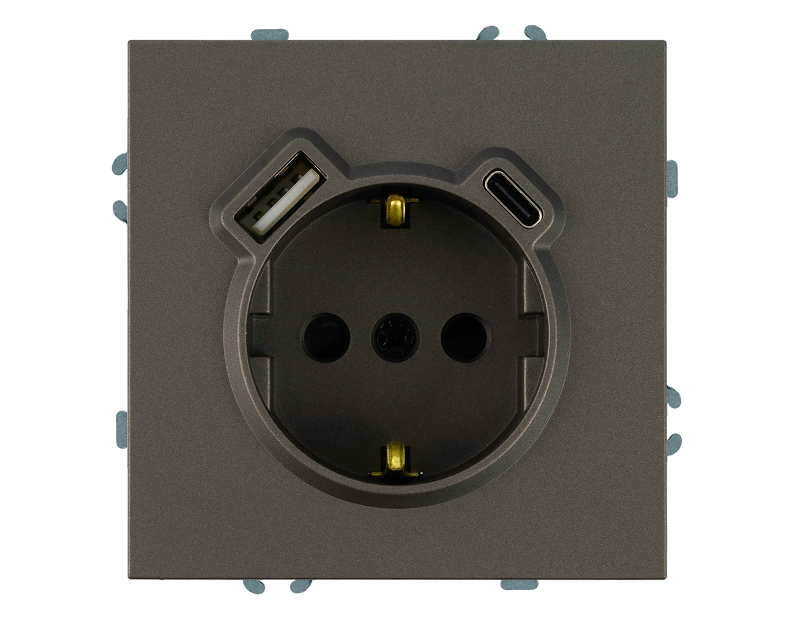 Розетка 1-местная з/ш с/з 16А + USB + Type C (механизм), STEKKER, 250В, 20W, серия Эмили, RST16-5119-09, антрацит, soft touch