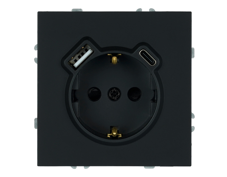 Розетка 1-местная з/ш с/з 16А + USB + Type C (механизм), Stekker, 250В, 20W, серия Эмили, черный уголь, soft-touch, RST16-5119-05