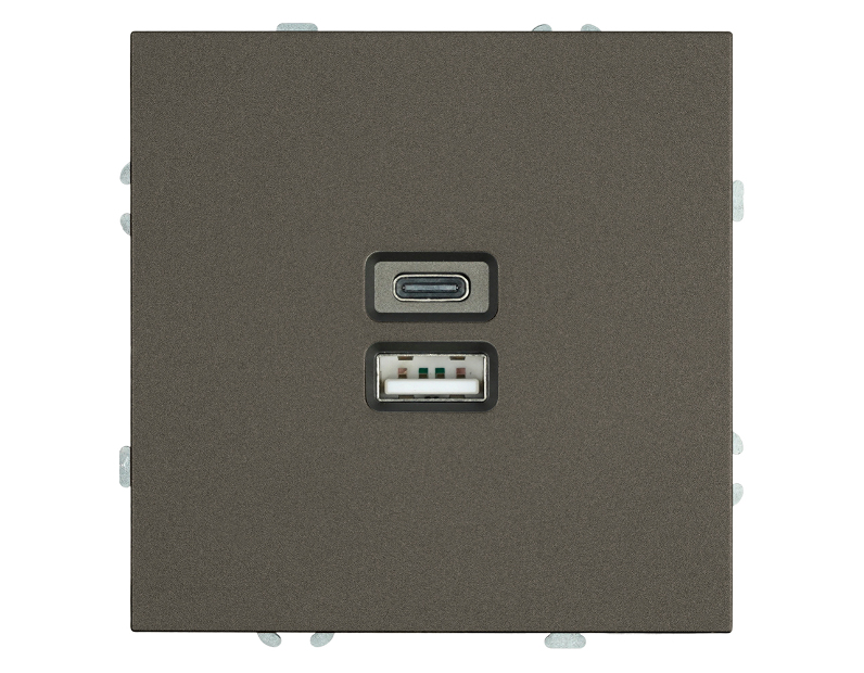Розетка 2-местная USB + Type C (механизм), STEKKER, 250В, 20W, серия Эмили, RST10-5115-09, антрацит, soft touch