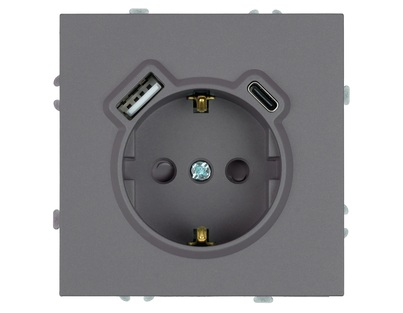 Розетка 1-местная з/ш с/з 16А + USB + Type C (механизм), Stekker, 250В, 20W, серия Эмили, платиново-серый, soft-touch, RST16-5119-10