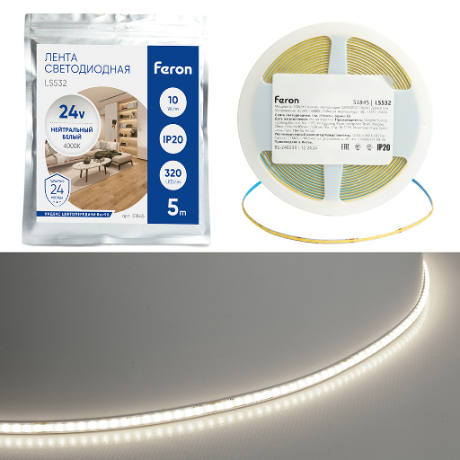 Светодионая лента LS532 COB 320SMD(2110) 10Вт/м 24V 5000*5*1.8 4000K IP20 51845
