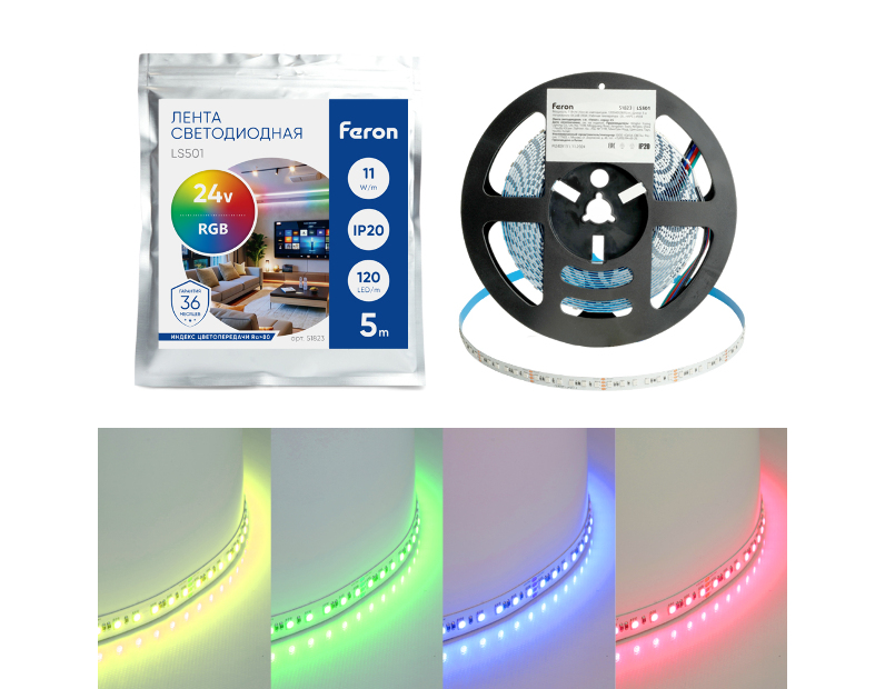 Светодиодная LED лента Feron LS501, 120SMD(5050)/м 11Вт/м 24V 5000*10*1.5мм RGB IP20