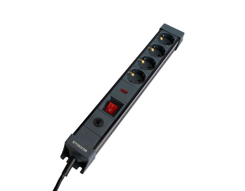 Сетевой фильтр 4-местный с/з STEKKER 3x1мм2, 3 м, 250В, 16А, серия Techno, HM22-41-03, черный