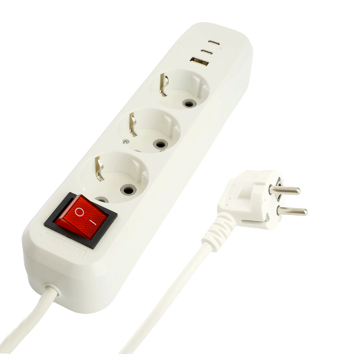 Удлинитель 3-местный с/з с выключ. STEKKER HM071-31-05 3x1мм2, 5м, 250В, 16А, 1USB+2C, 2.4A, сер Home, белый 50138