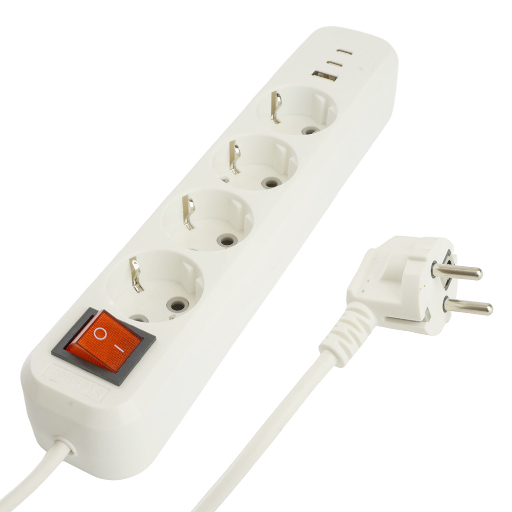Удлинитель 4-местный с/з с выключ. STEKKER HM071-41-03 3x1мм2, 3м, 250В, 16А, 1USB+2C, 2.4A, сер Home, белый 50140