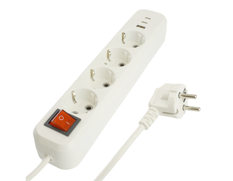 Удлинитель 4-местный с/з с выключ. STEKKER HM071-41-03 3x1мм2, 3м, 250В, 16А, 1USB+2C, 2.4A, сер Home, белый