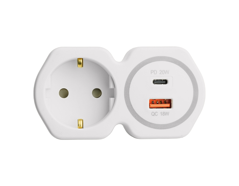 Разветвитель сетевой на 1 выход с/з STEKKER 250В, 16А, USB A+ Type C, 2,4А, PD, белый/серый, ADP16-16-20