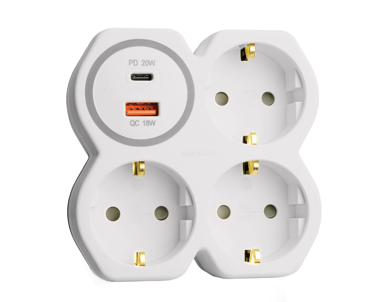 Разветвитель сетевой на 3 выхода с/з, STEKKER, 250В, 16А, USB A+Type C, 2,4А, PD, белый/серый ADP16-17-20