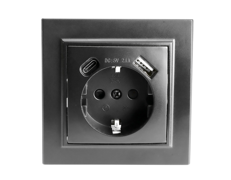 Розетка 1-местная с/з STEKKER, PST16-9016-03, 250В, 16А с USB+ type C, серия Эрна, черный