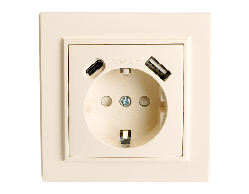 Розетка 1-местная с/з STEKKER, PST16-9016-02, 250В, 16А с USB+ type C, серия Эрна, слоновая кость