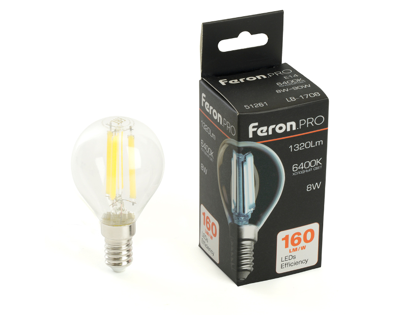 Лампа светодиодная Feron.PRO LB-1708 Шарик E14 1320LM 8W 175-265V 6400K