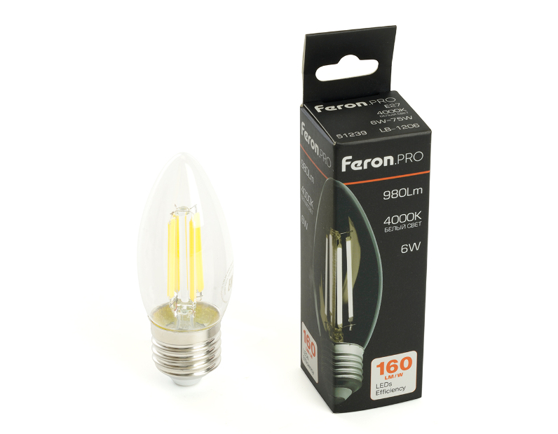Лампа светодиодная Feron.PRO LB-1206 Свеча E27 980LM 6W 175-265V 4000K