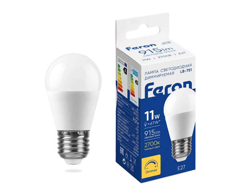 Лампа светодиодная диммируемая Feron LB-751 Шарик E27 11W 230V 2700K