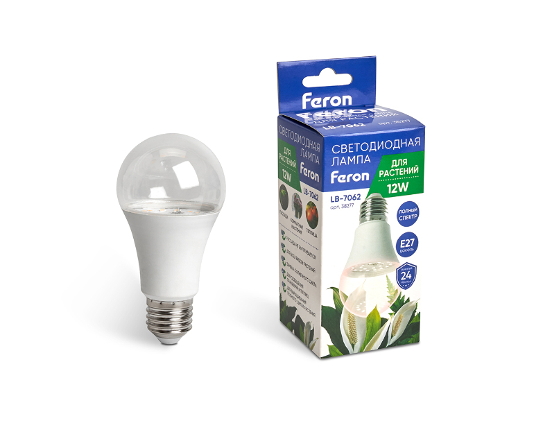 Лампа светодиодная для растений А60 Feron LB-7062 E27 12W 175-265V полный спектр