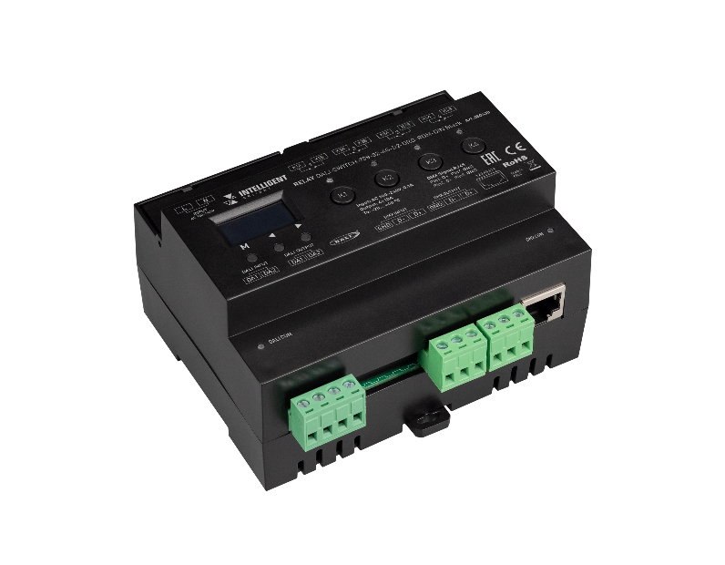 INTELLIGENT ARLIGHT Релейный модуль DALI-SWITCH-708-82-4G-D2-DRO-RDM-DIN Black (230V, 4x10A, DMX512) (IARL, IP20 Пластик, 5 лет)