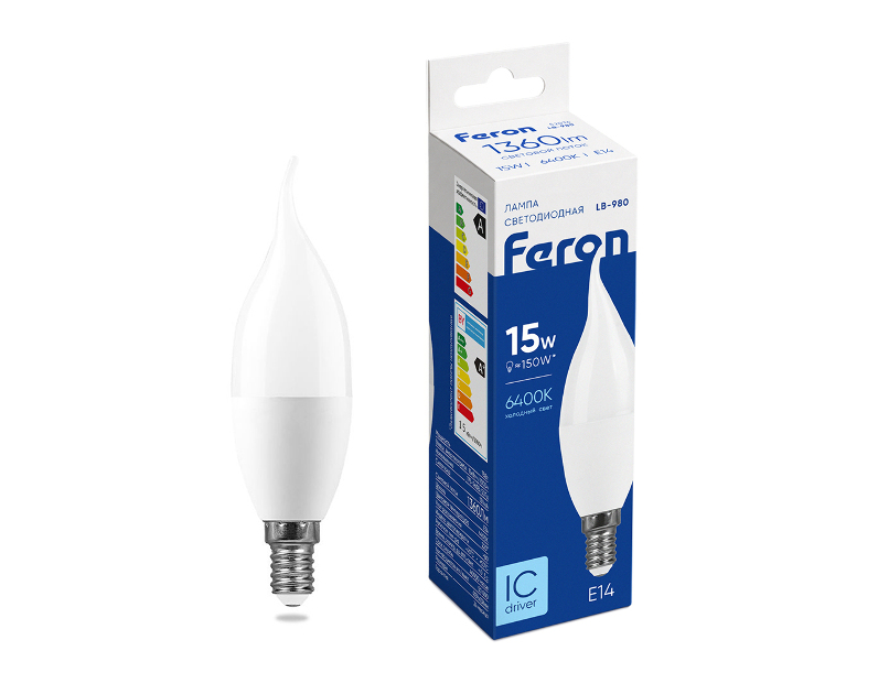 Лампа светодиодная Feron LB-980 Свеча на ветру E14 15W 175-265V 6400K