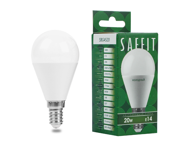 Лампа светодиодная SAFFIT SBG4520 Шарик E14 20W 230V 6400K