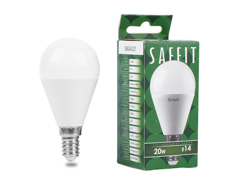 Лампа светодиодная SAFFIT SBG4520 Шарик E14 20W 230V 4000K