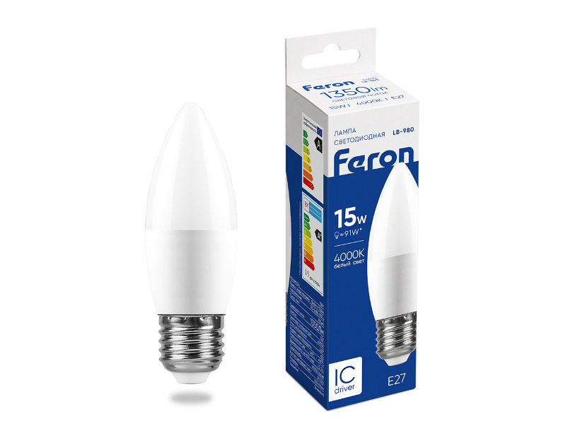 Лампа светодиодная Feron LB-980 Свеча E27 15W 175-265V 4000K