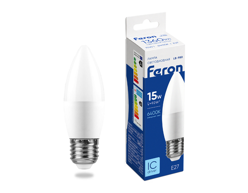 Лампа светодиодная Feron LB-980 Свеча E27 15W 175-265V 6400K
