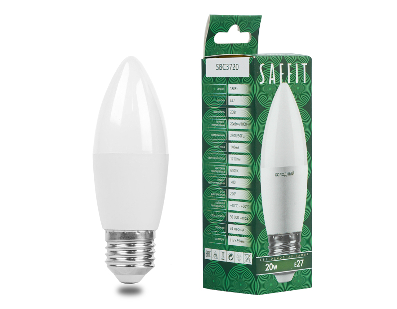 Лампа светодиодная SAFFIT SBC3720 Свеча E27 20W 230V 6400K