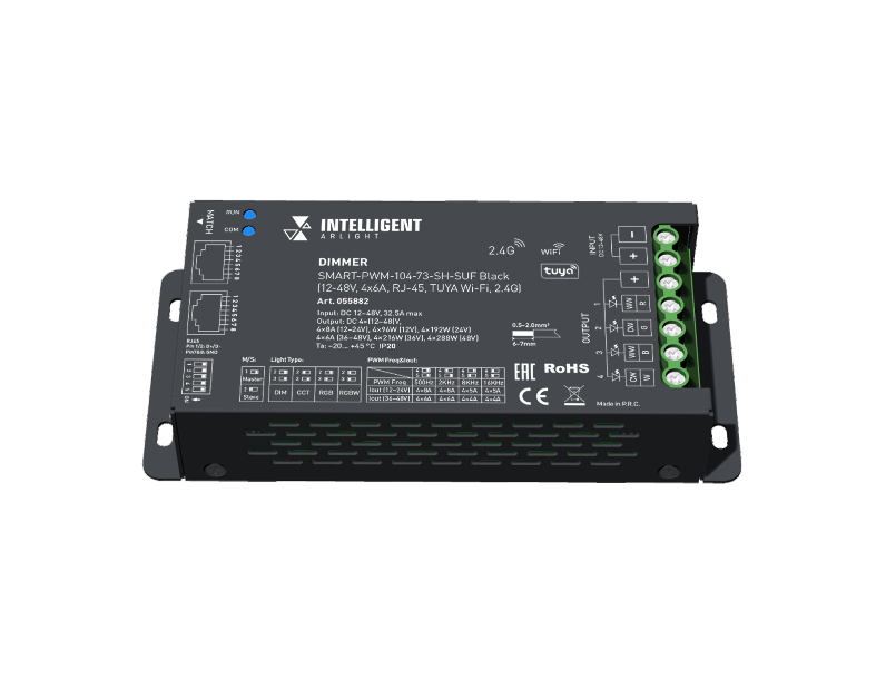 INTELLIGENT ARLIGHT Диммер SMART-PWM-104-73-SH-SUF Black (12-48V, 4x6A, RJ-45, TUYA Wi-Fi, 2.4G) (IARL, IP20 Металл, 5 лет)
