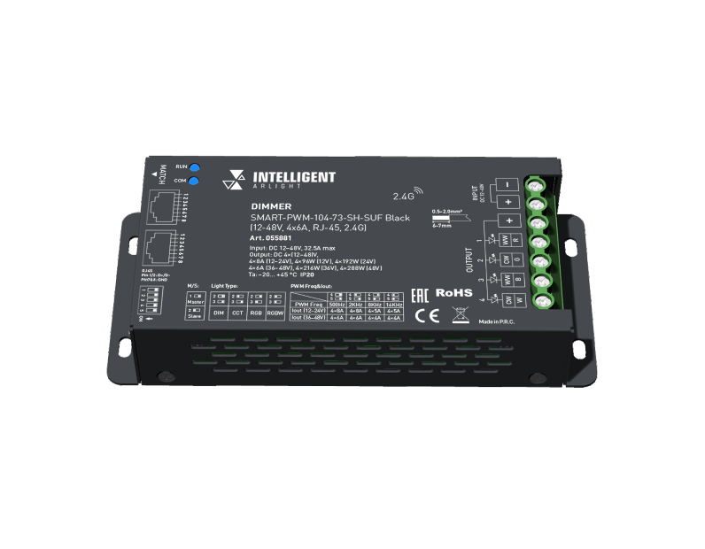 INTELLIGENT ARLIGHT Диммер SMART-PWM-104-73-SH-SUF Black (12-48V, 4x6A, RJ-45, 2.4G) (IARL, IP20 Металл, 5 лет)