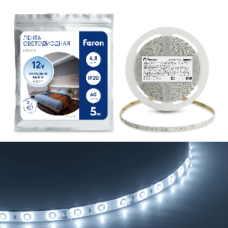 Cветодиодная LED лента Feron LS603, 60SMD(2835)/м 4.8Вт/м  5м IP20 12V 6500К 27603