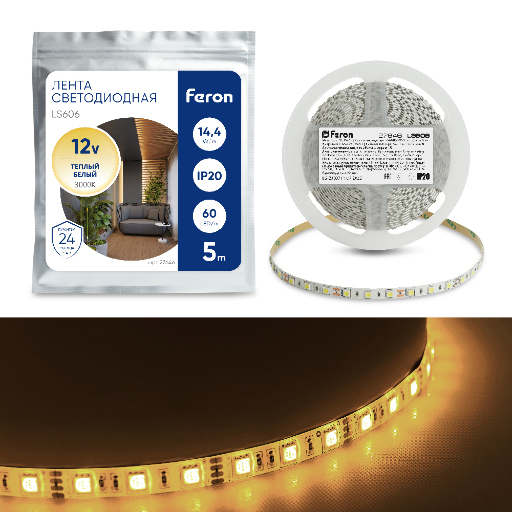 Cветодиодная LED лента Feron LS606, 60SMD(5050)/м 14.4Вт/м  5м IP20 12V 3000К 27646