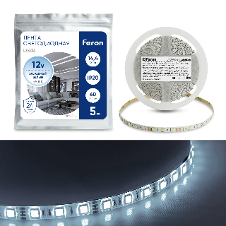 Cветодиодная LED лента Feron LS606, 60SMD(5050)/м 14.4Вт/м  5м IP20 12V 6500К 27644