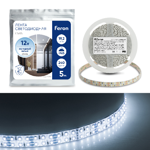 Cветодиодная LED лента Feron LS615, 240SMD(2835)/м 19.2Вт/м  5м IP65 12V 6500К 27733