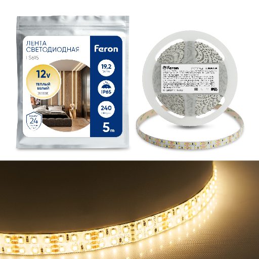 Cветодиодная LED лента Feron LS615, 240SMD(2835)/м 19.2Вт/м  5м IP65 12V 3000К 27734