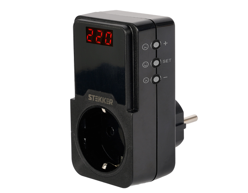 Реле напряжения для розетки регулируемое  STEKKER  VPR-200B, 230В,16A,черный