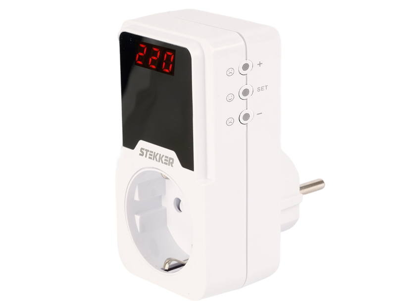 Реле напряжения для розетки регулируемое  STEKKER  VPR-200W, 230В,16A,белый