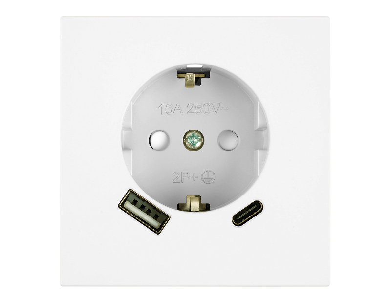 Розетка 1-местная з/ш с/з 16А + USB + Type C (механизм), STEKKER, 250В, 20W, серия Мия, RST16-3119-01, белая магнолия