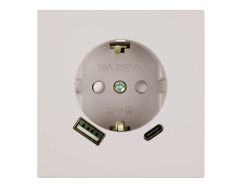 Розетка 1-местная з/ш с/з 16А + USB + Type C (механизм), STEKKER, 250В, 20W, серия Мия, RST16-3119-08, пудровый жемчуг