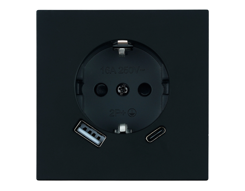 Розетка 1-местная з/ш с/з 16А + USB + Type C (механизм), STEKKER, 250В, 20W, серия Мия, RST16-3119-05, черный бархат